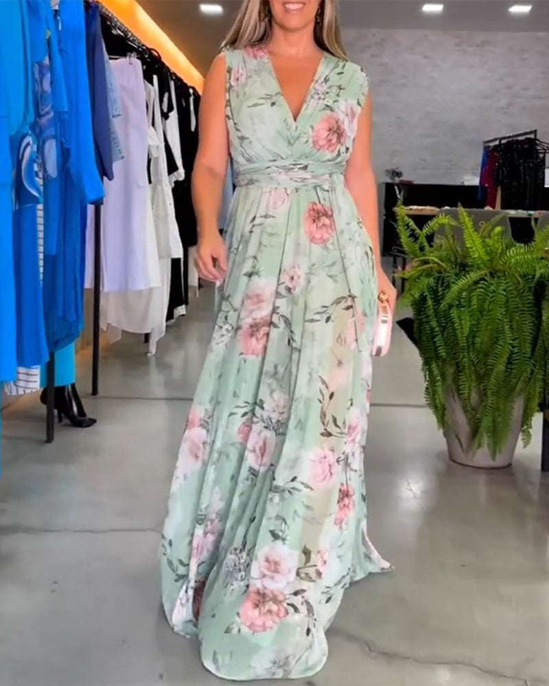 Erika - Robe mouwloze élégante avec col V et imprimé fleuri