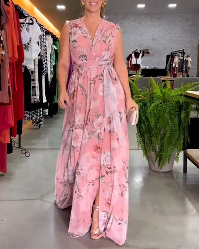 Erika - Robe mouwloze élégante avec col V et imprimé fleuri