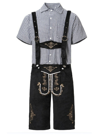 Stilvolles Herren-Lederhosen-Outfit mit bestickter Hose, Hosenträgern und kariertem Hemd – Perfekt für fesche Anlässe
