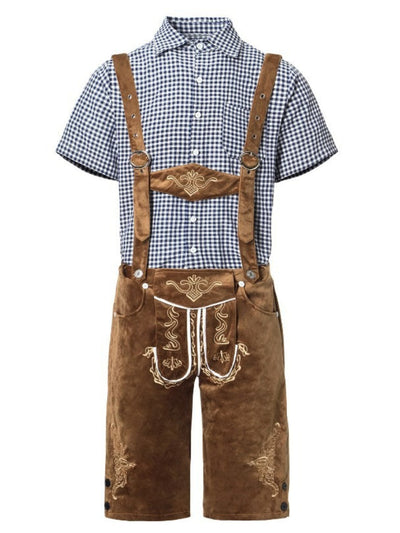 Stilvolles Herren-Lederhosen-Outfit mit bestickter Hose, Hosenträgern und kariertem Hemd – Perfekt für fesche Anlässe