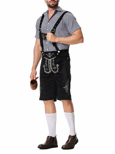 Stilvolles Herren-Lederhosen-Outfit mit bestickter Hose, Hosenträgern und kariertem Hemd – Perfekt für fesche Anlässe