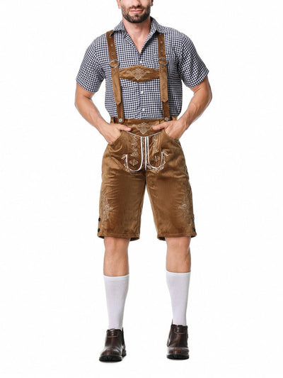 Stilvolles Herren-Lederhosen-Outfit mit bestickter Hose, Hosenträgern und kariertem Hemd – Perfekt für fesche Anlässe