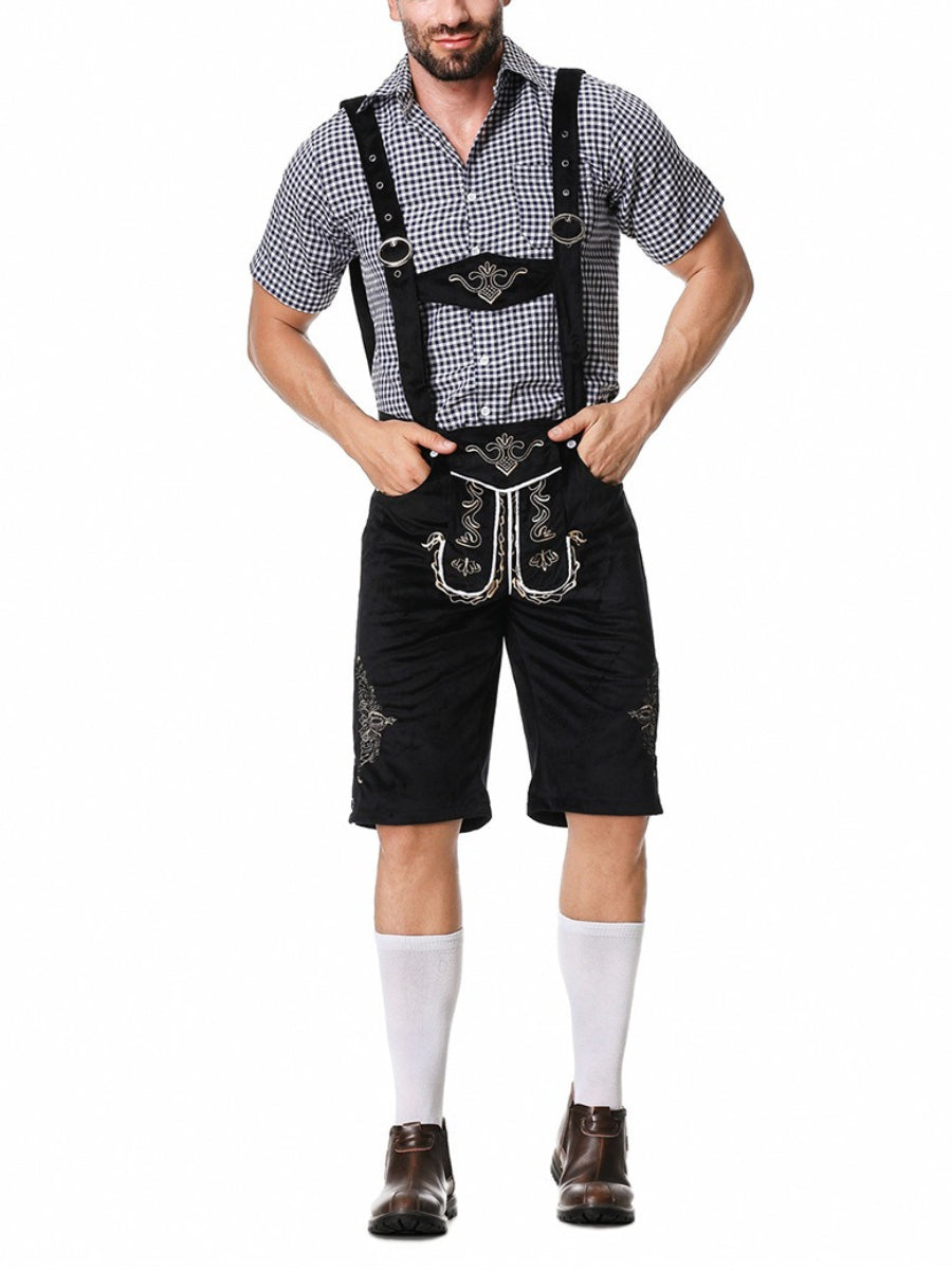 Stilvolles Herren-Lederhosen-Outfit mit bestickter Hose, Hosenträgern und kariertem Hemd – Perfekt für fesche Anlässe