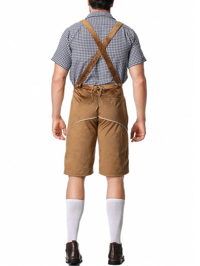 Stilvolles Herren-Lederhosen-Outfit mit bestickter Hose, Hosenträgern und kariertem Hemd – Perfekt für fesche Anlässe