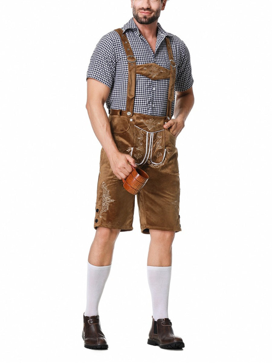 Stilvolles Herren-Lederhosen-Outfit mit bestickter Hose, Hosenträgern und kariertem Hemd – Perfekt für fesche Anlässe