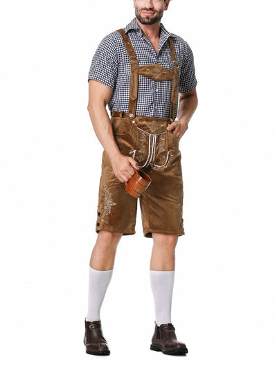 Stilvolles Herren-Lederhosen-Outfit mit bestickter Hose, Hosenträgern und kariertem Hemd – Perfekt für fesche Anlässe