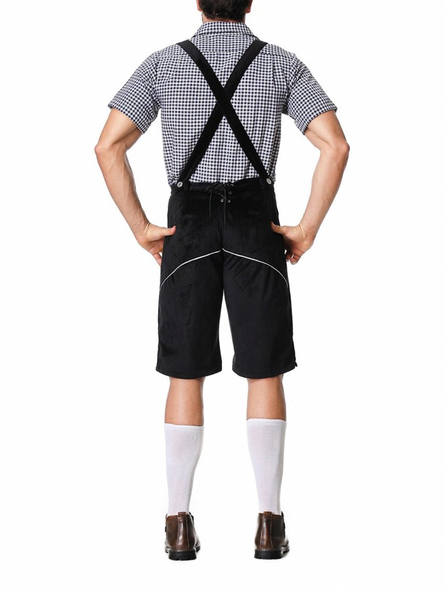 Stilvolles Herren-Lederhosen-Outfit mit bestickter Hose, Hosenträgern und kariertem Hemd – Perfekt für fesche Anlässe