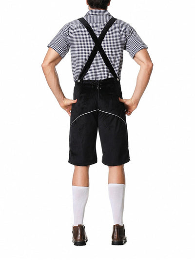 Stilvolles Herren-Lederhosen-Outfit mit bestickter Hose, Hosenträgern und kariertem Hemd – Perfekt für fesche Anlässe