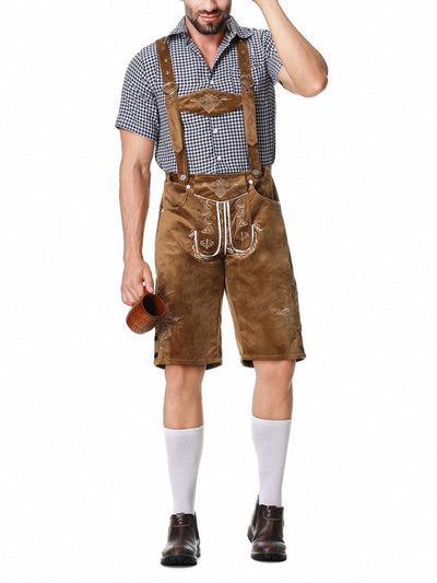 Stilvolles Herren-Lederhosen-Outfit mit bestickter Hose, Hosenträgern und kariertem Hemd – Perfekt für fesche Anlässe