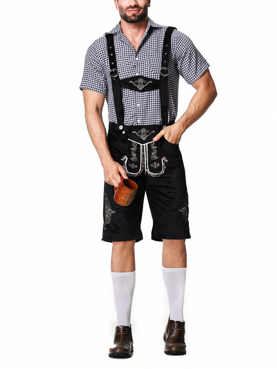 Stilvolles Herren-Lederhosen-Outfit mit bestickter Hose, Hosenträgern und kariertem Hemd – Perfekt für fesche Anlässe
