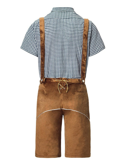 Stilvolles Herren-Lederhosen-Outfit mit bestickter Hose, Hosenträgern und kariertem Hemd – Perfekt für fesche Anlässe
