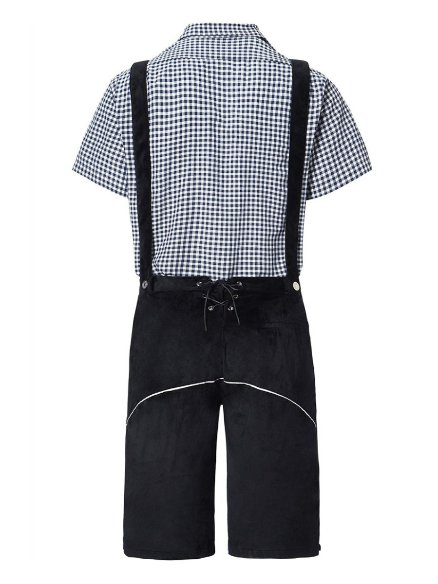 Stilvolles Herren-Lederhosen-Outfit mit bestickter Hose, Hosenträgern und kariertem Hemd – Perfekt für fesche Anlässe