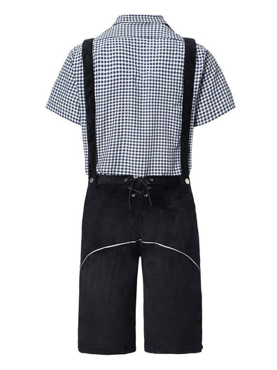 Stilvolles Herren-Lederhosen-Outfit mit bestickter Hose, Hosenträgern und kariertem Hemd – Perfekt für fesche Anlässe