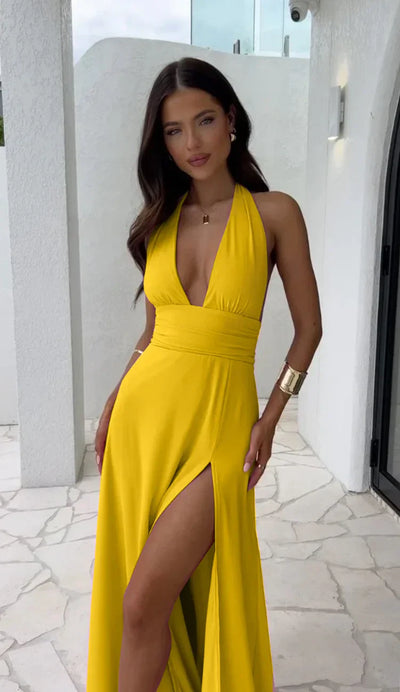 HORIZON | SEXY TIEFES V-AUSSCHNITT-SPLIT-SOLID-FARBEN-KLEID