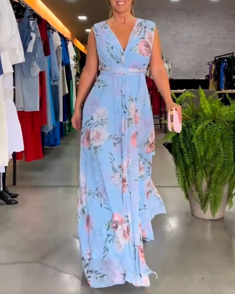 Erika - Robe mouwloze élégante avec col V et imprimé fleuri