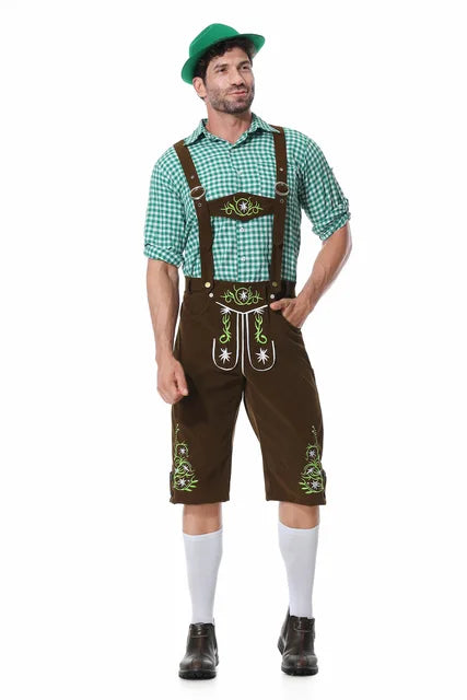 Festliches Herren-Oktoberfest-Kleidungsset mit grüner Weste, Hose, Hut und Hosenträgern für den perfekten Auftritt