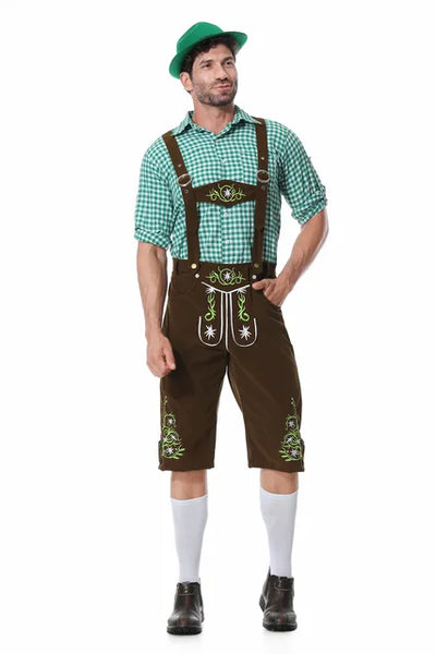 Festliches Herren-Oktoberfest-Kleidungsset mit grüner Weste, Hose, Hut und Hosenträgern für den perfekten Auftritt