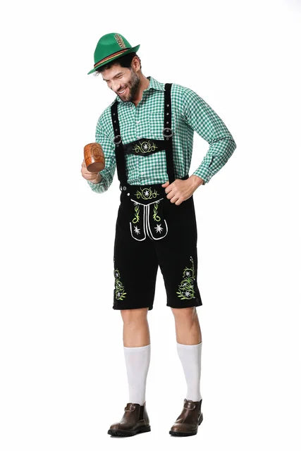 Festliches Herren-Oktoberfest-Kleidungsset mit grüner Weste, Hose, Hut und Hosenträgern für den perfekten Auftritt