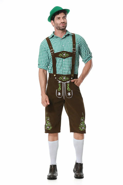 Festliches Herren-Oktoberfest-Kleidungsset mit grüner Weste, Hose, Hut und Hosenträgern für den perfekten Auftritt