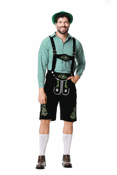 Festliches Herren-Oktoberfest-Kleidungsset mit grüner Weste, Hose, Hut und Hosenträgern für den perfekten Auftritt