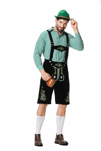 Festliches Herren-Oktoberfest-Kleidungsset mit grüner Weste, Hose, Hut und Hosenträgern für den perfekten Auftritt
