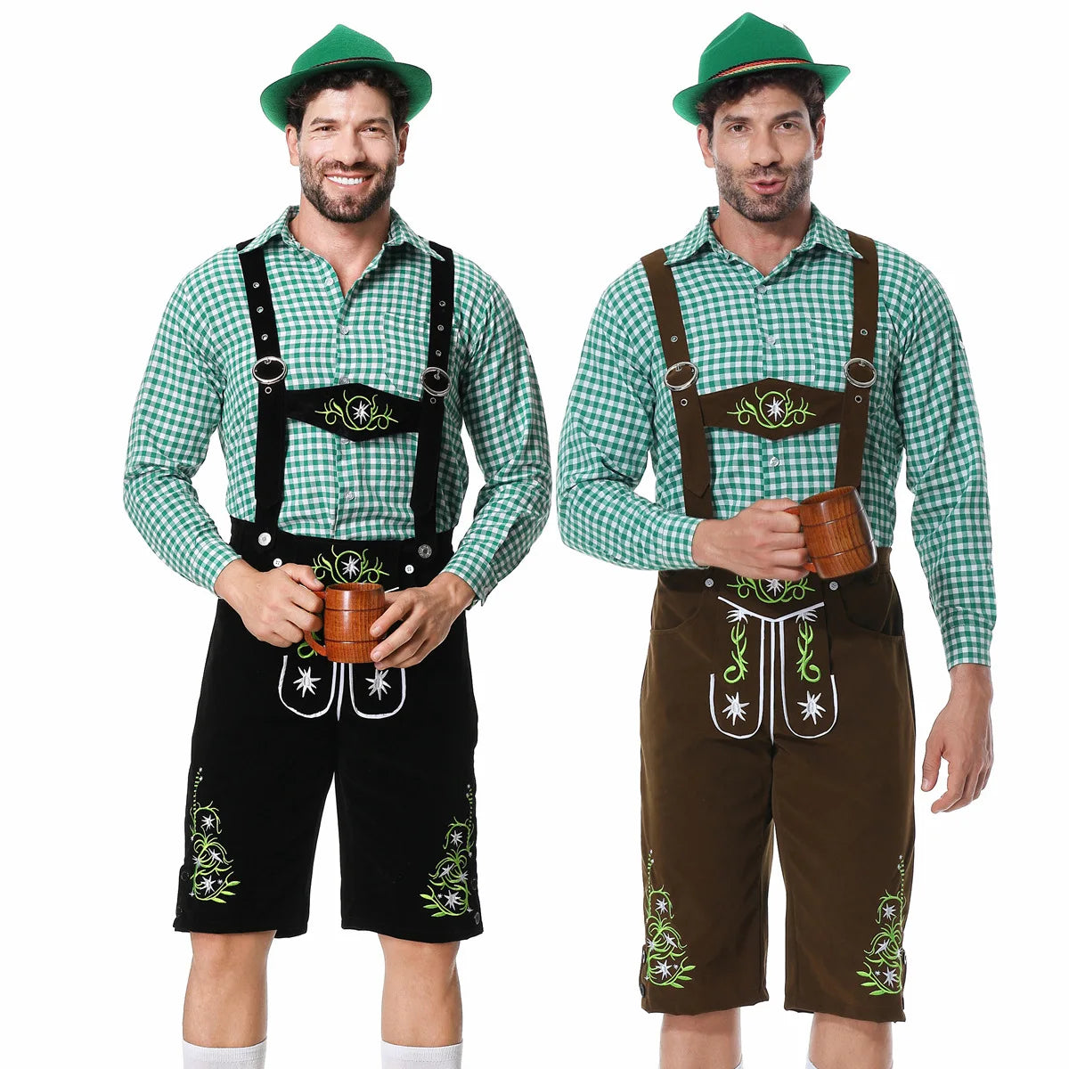 Festliches Herren-Oktoberfest-Kleidungsset mit grüner Weste, Hose, Hut und Hosenträgern für den perfekten Auftritt