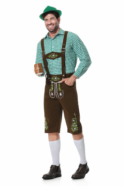 Festliches Herren-Oktoberfest-Kleidungsset mit grüner Weste, Hose, Hut und Hosenträgern für den perfekten Auftritt