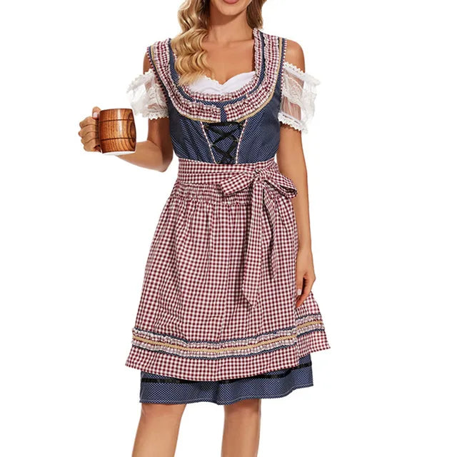 Elegantes Damen-Dirndlkleid mit stilvollem Karomuster und passender Schürze für den perfekten Trachtenlook