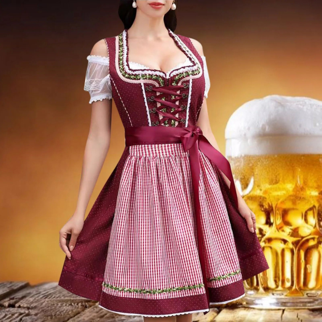 Elegantes Damen-Oktoberfest-Dirndlkleid mit charmanter Schürze, stilvollem Schnürmieder und attraktiven Dekorelementen