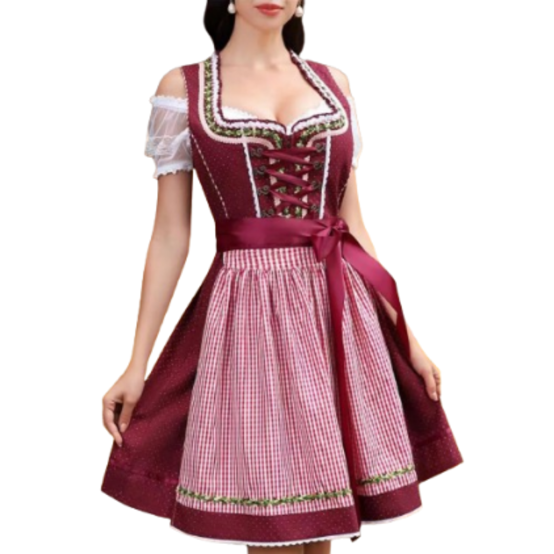 Elegantes Damen-Oktoberfest-Dirndlkleid mit charmanter Schürze, stilvollem Schnürmieder und attraktiven Dekorelementen