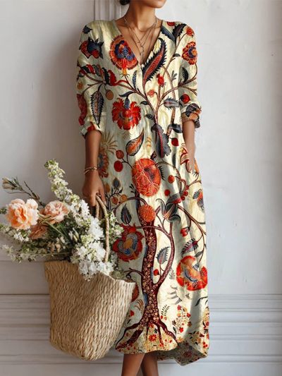 Sandra - Vintage-Kleid für Damen aus Baumwolle und Leinen mit Blumenmuster und Taschen