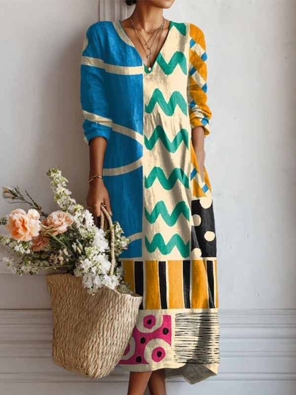 Brenda - Kleid aus Leinen mit Taschen und Kunstdruck