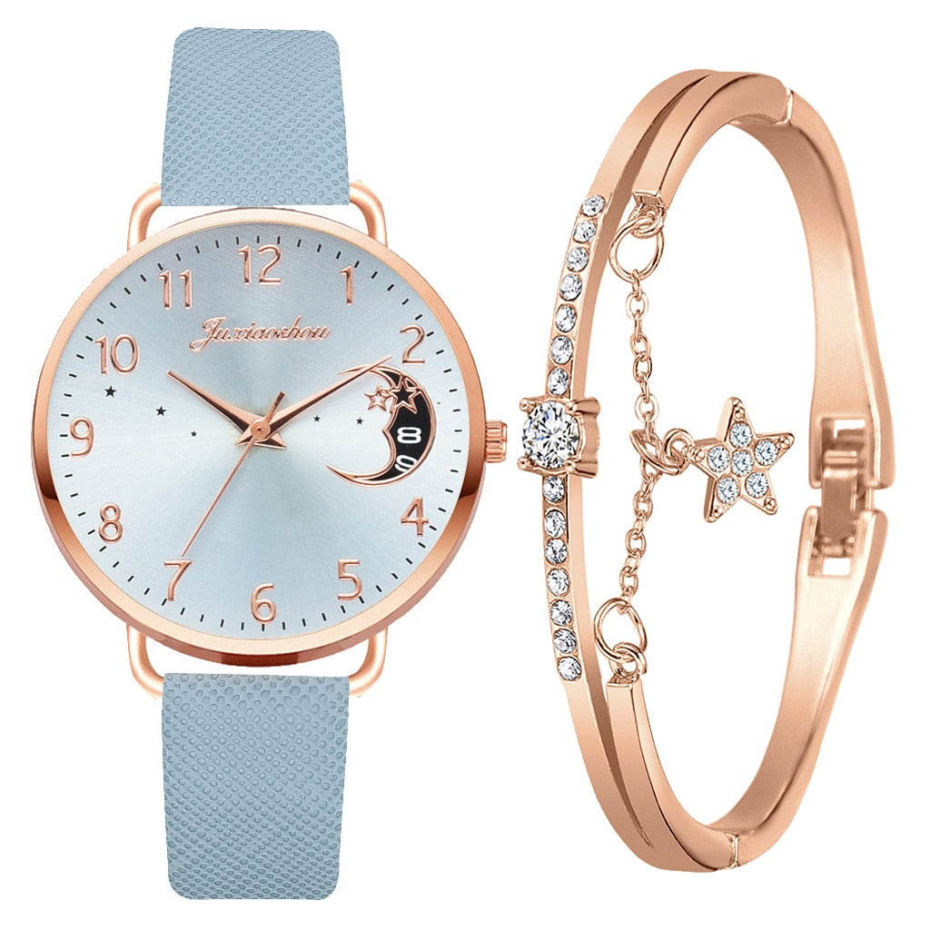 Set mit Uhr und Armbändern | Mondzahlen-Zifferblatt