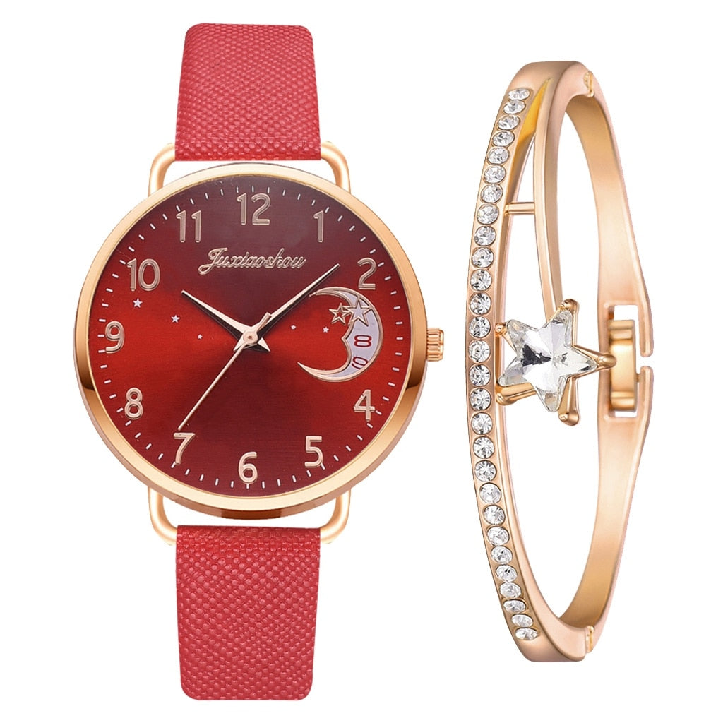Set mit Uhr und Armbändern | Mondzahlen-Zifferblatt