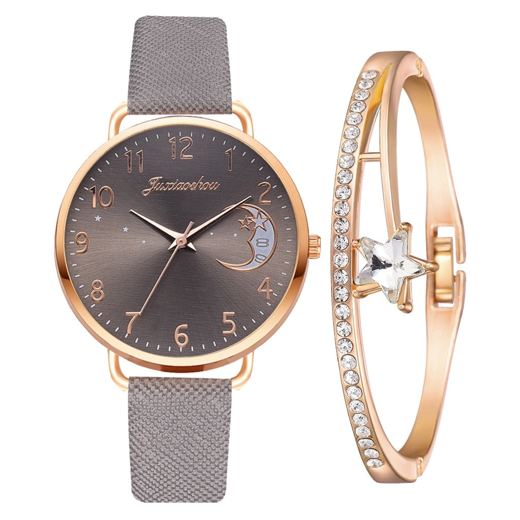 Set mit Uhr und Armbändern | Mondzahlen-Zifferblatt