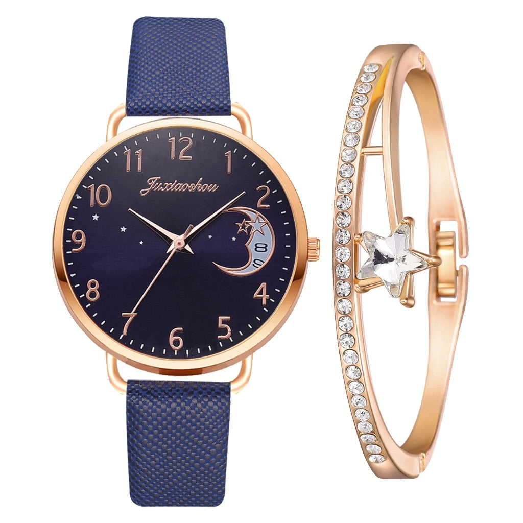 Set mit Uhr und Armbändern | Mondzahlen-Zifferblatt