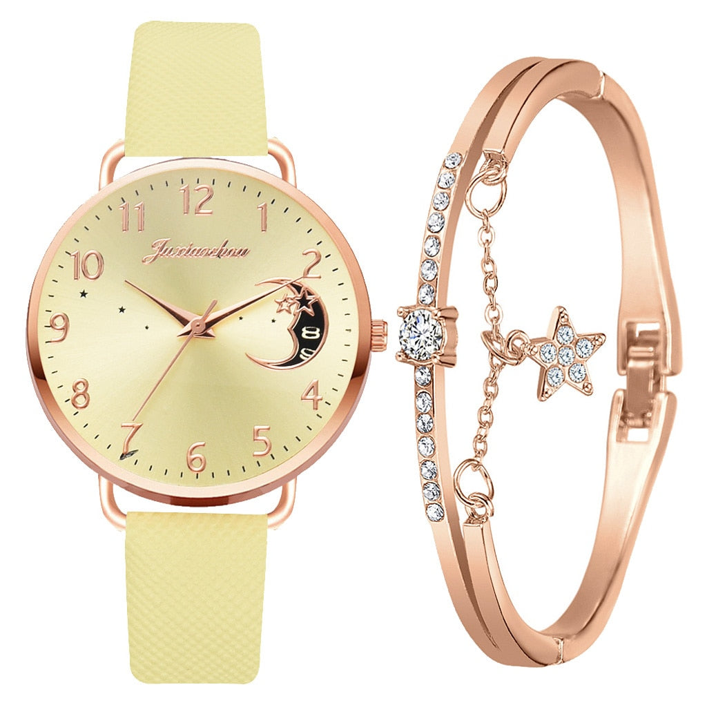 Set mit Uhr und Armbändern | Mondzahlen-Zifferblatt