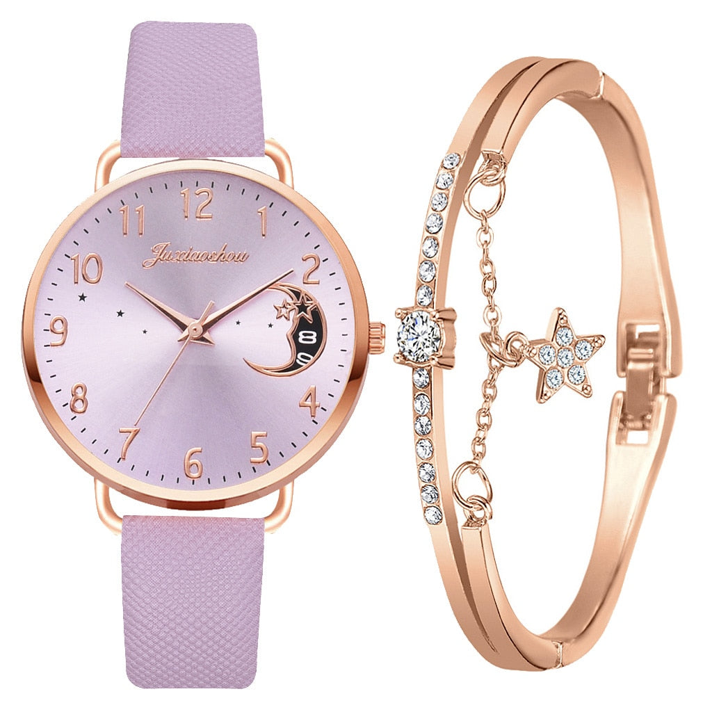Set mit Uhr und Armbändern | Mondzahlen-Zifferblatt