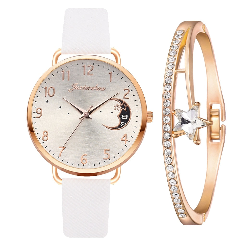 Set mit Uhr und Armbändern | Mondzahlen-Zifferblatt