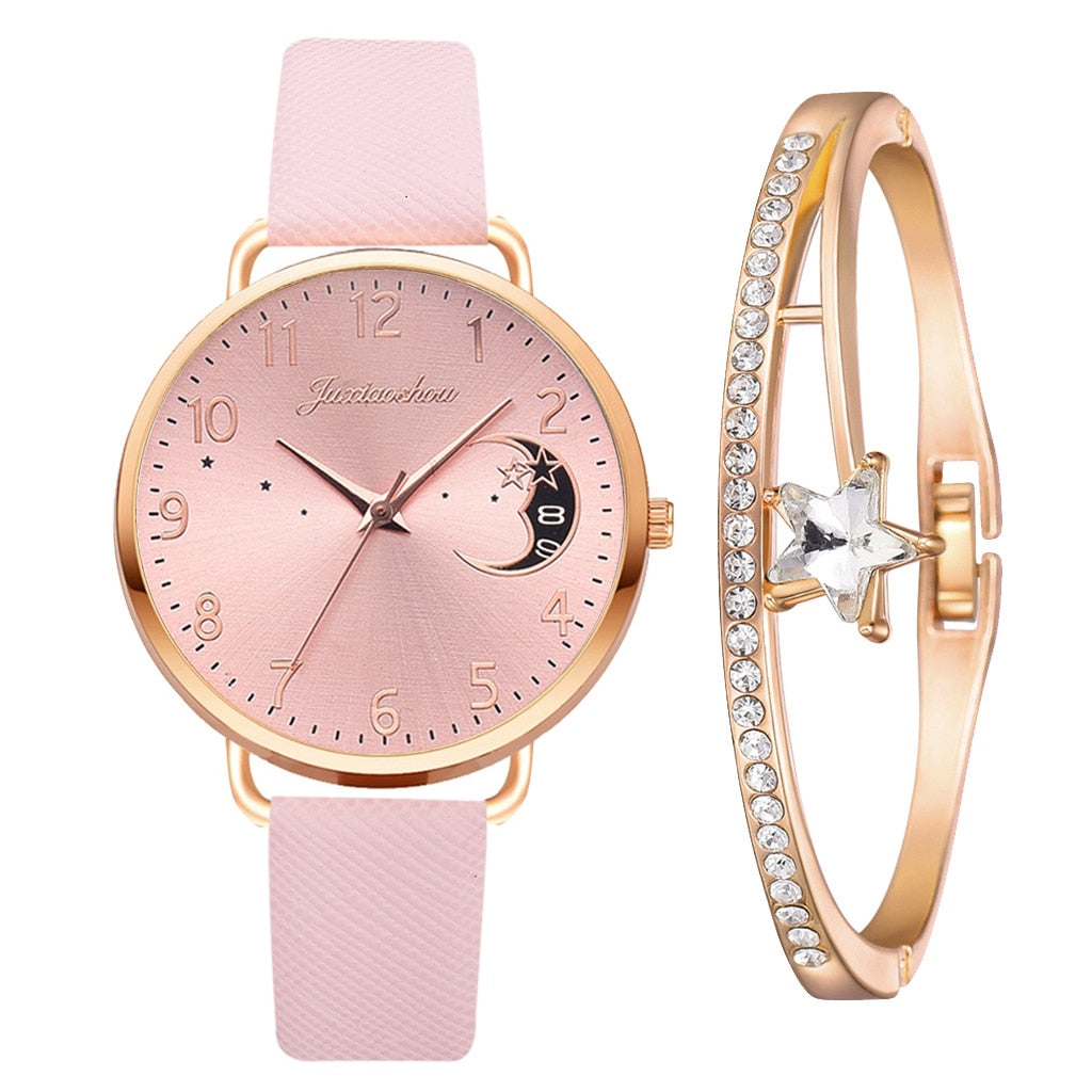 Set mit Uhr und Armbändern | Mondzahlen-Zifferblatt