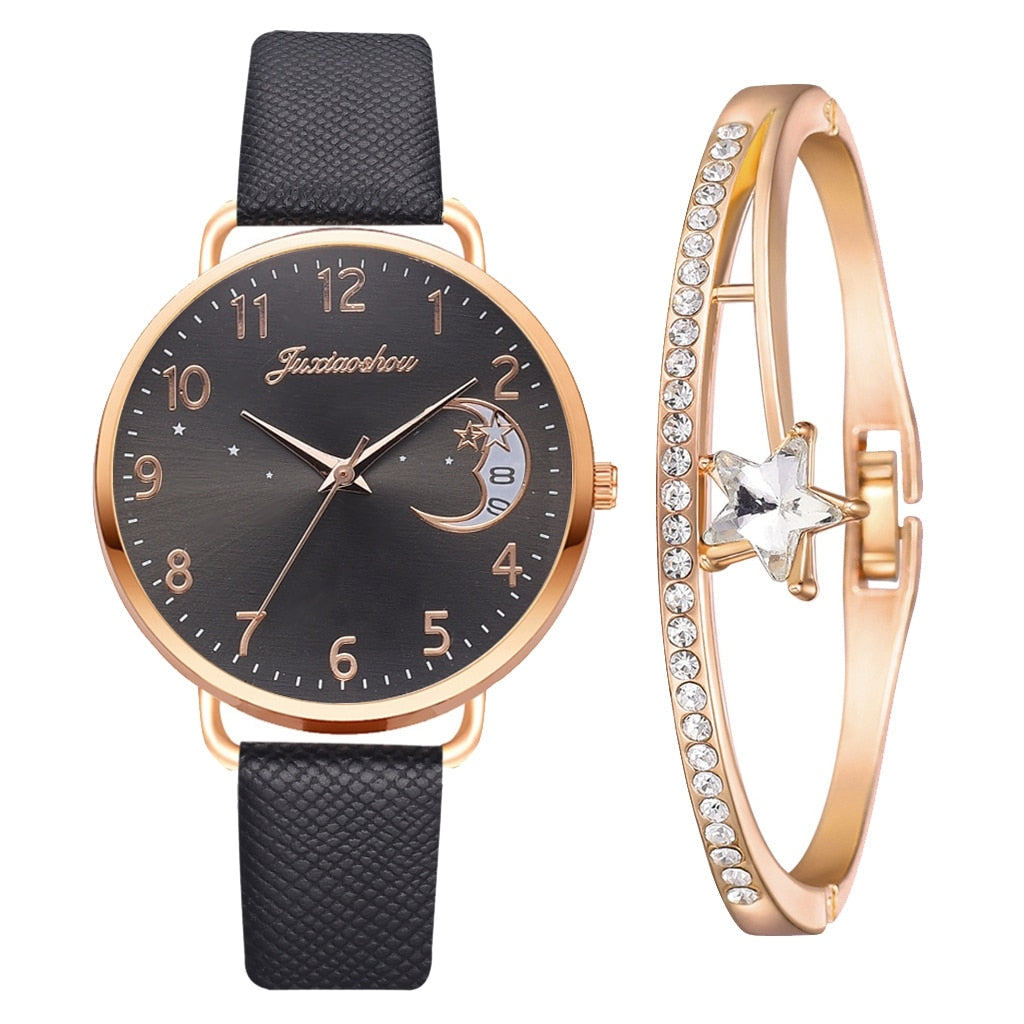 Set mit Uhr und Armbändern | Mondzahlen-Zifferblatt