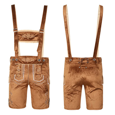 Elegantes Herren-Lederhosen-Set mit detaillierter Stickerei, stilvollem kariertem Hemd und traditionellem Hut für authentischen bayerischen Look
