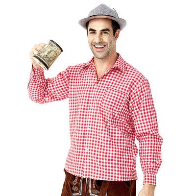 Elegantes Herren-Lederhosen-Set mit detaillierter Stickerei, stilvollem kariertem Hemd und traditionellem Hut für authentischen bayerischen Look