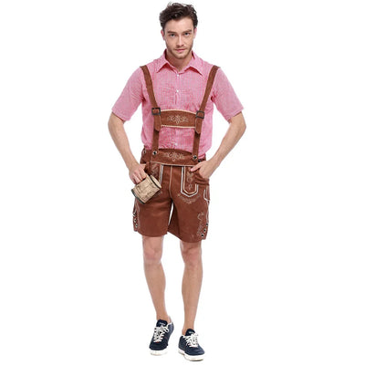 Elegantes Herren-Lederhosen-Set mit detaillierter Stickerei, stilvollem kariertem Hemd und traditionellem Hut für authentischen bayerischen Look