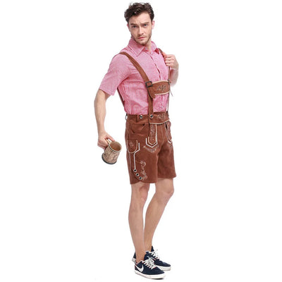 Elegantes Herren-Lederhosen-Set mit detaillierter Stickerei, stilvollem kariertem Hemd und traditionellem Hut für authentischen bayerischen Look