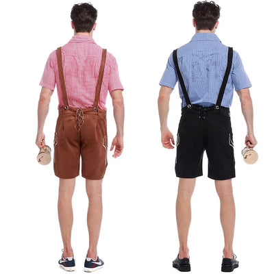 Elegantes Herren-Lederhosen-Set mit detaillierter Stickerei, stilvollem kariertem Hemd und traditionellem Hut für authentischen bayerischen Look