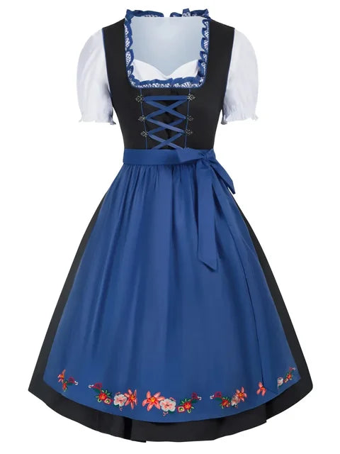 Elegantes Damen Oktoberfest Dirndlkleid mit liebevoller Stickerei, verstellbarem Schnürmieder, stilvoller Schürze und passender Bluse
