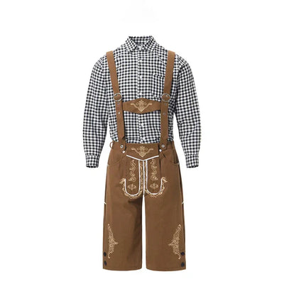 Elegantes Herren-Lederhosen-Set mit stilvoller Stickerei und kariertem Hemd – Perfekt für Festlichkeiten