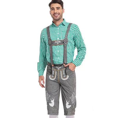 Elegantes Herren-Lederhosen-Set mit stilvoller Stickerei und kariertem Hemd – Perfekt für Festlichkeiten