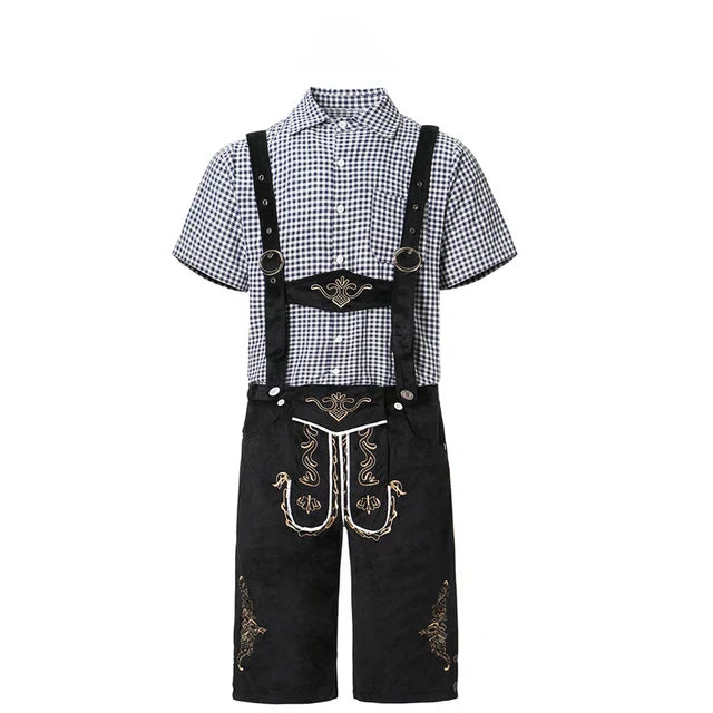 Elegantes Herren-Lederhosen-Set mit stilvoller Stickerei und kariertem Hemd – Perfekt für Festlichkeiten